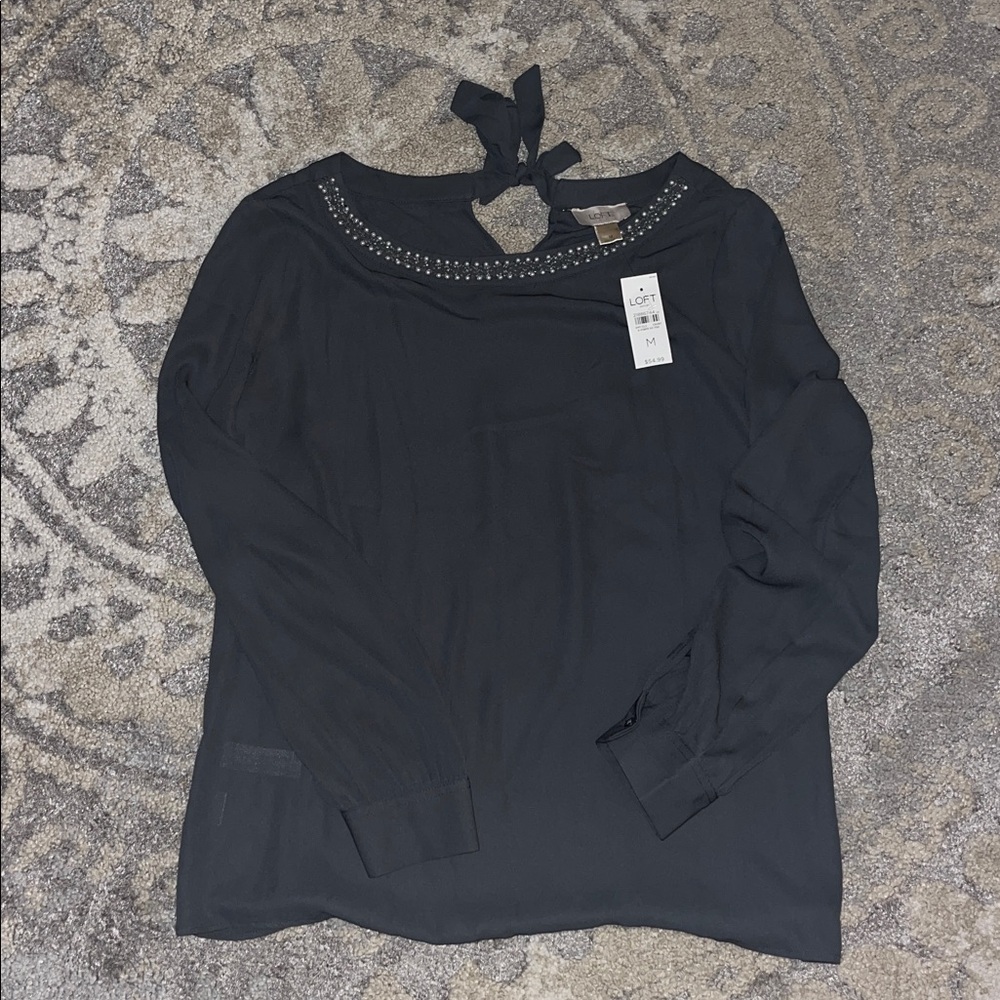 Loft Charcoal Gray Long Sleeve Blouse with Pearl Neckline Size Medium